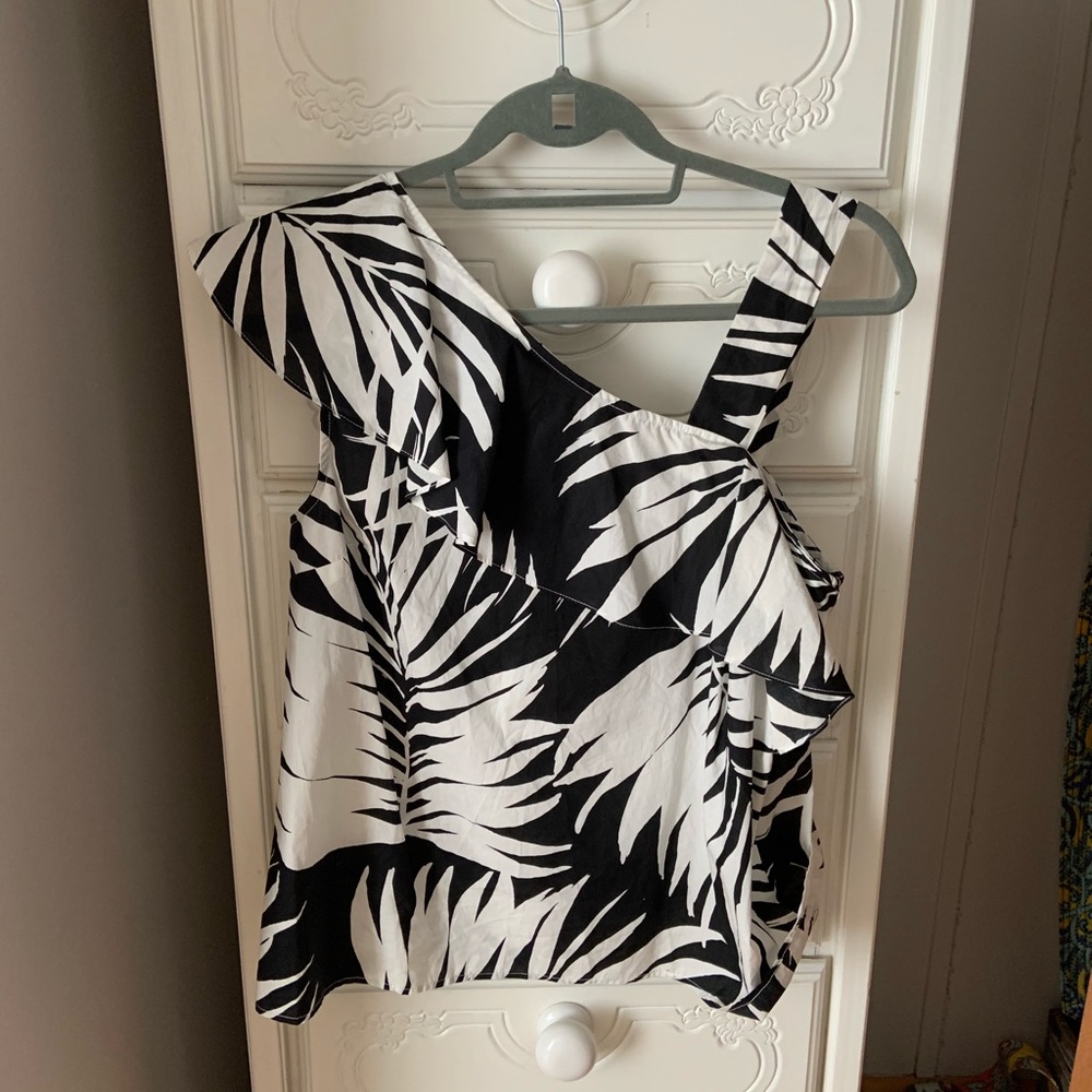 Palm Tree Black & White Printed Ruffle Tank Top